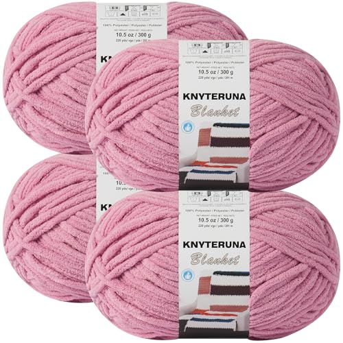 Knyteruna #6 Super Bulky Blanket Yarn for Crocheting - 4 Skeins(Each 10.5oz/300g 220yds/201m) Chunky Chenille Thick Plush Big Soft Yarn for Crocheting Knitting Blankets Dusty Pink