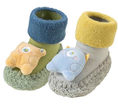 Happy Cherry Baby Non Slip Walking Warm Socks Unisex Baby Winter Fall Spring Socks Cartoon Sneakers Indoor Outdoor Grey+Green 18-24 Months