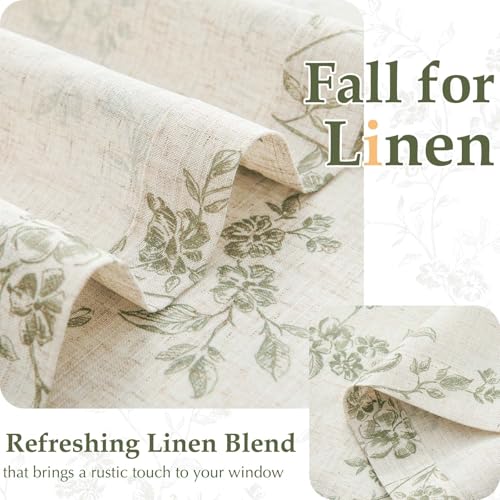 Image of jinchan Floral French Door Curtain Panel Farmhouse Decor Light Filtering Linen with Tie Up Bow for Glass Door or Patio 72 Inch Length Rod Pocket 1 Panel Green on Linen