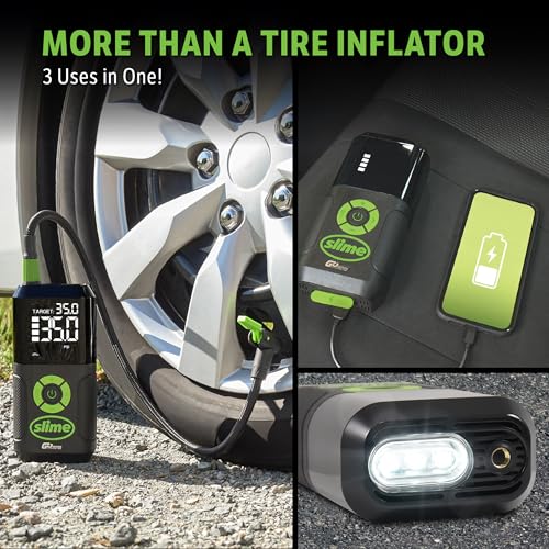 Image of Slime 40089 Cordless 3-in-1 Tire Inflator w /Power Bank & LED Light, Auto Shut-Off, Digital Display & 6 Presets, Flat to Full in 8 Mins, Car, Bike, Motorcycle & More