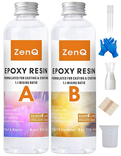 ZenQ Crystal Clear Epoxy Resin Kit for Casting Coating, Jewelry, Wood, Countertop, 16 Once with 20 Measuring Cups, 50 Mixing Sticks, 10 Pipettes, 2 Silicone Cups