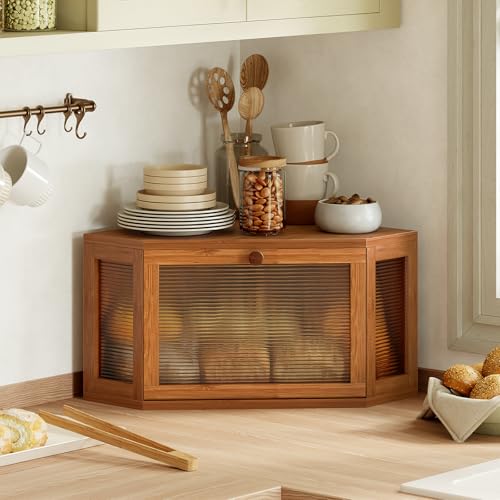Image of WOWLIVE Corner Bread Box for Kitchen Countertop, Bamboo Bread Storage Container, Large Farmhouse Bread Holder with Acrylic Wavy Door Panel, Multi-functional Container, Caramel