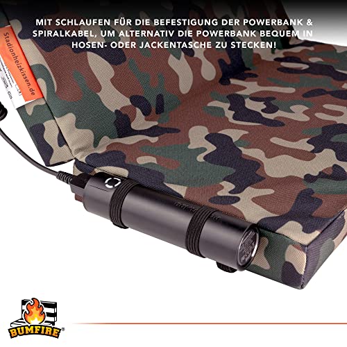 Bumfire Sitzkissen Beheizbar & Faltbar - Akku Heizkissen Kabellos mit USB Anschluss - Elektrisch Beheizbare Sitzauflage Wärmekissen Ansitzkissen Jagd, Hochsitz, Outdoor Kissen - Camouflage - 35x35 cm