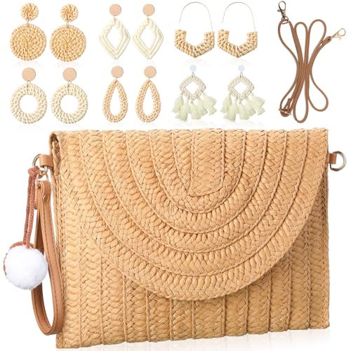 Straw Crossbody Bag for Women Beach Purse Shoulder Bag Hand Woven Straw Clutch Summer Bag Bohemian Boho Handbag with 6 Pairs Rattan Earrings