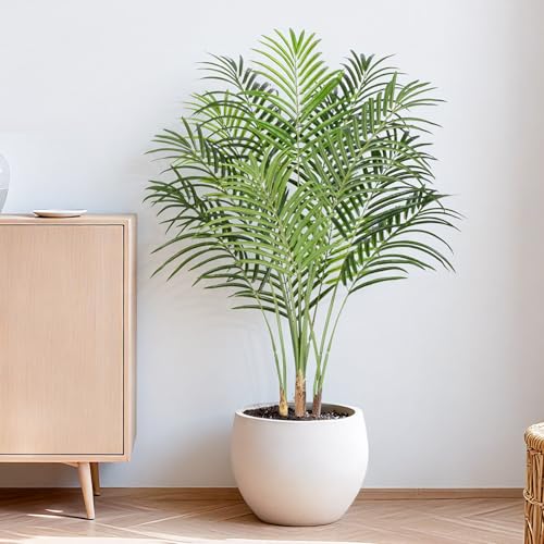 Image of 4ft Artificial Palm Tree - 120cm Tall Fake Areca Palm Plant with 13 Trunks and Realistic Bark Design - Faux Tropical Plants with Pot Perfect for Indoor Home, Living Room, or Bedroom Decor