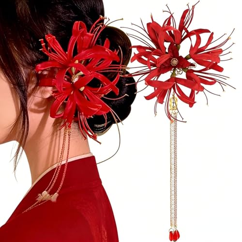 Red Spider Lily Flower Hair Clips for Women Lycoris Radiata Flower Hairpin Artificial Floral Hair Accessories for Women Side Hairclips with Tassel Wedding Hawaii Beach Party