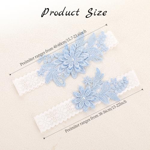 2 Pieces Wedding Garters for Bride, Blue Sexy Lace Leg Garter with Hand Sewn Faux Pearls Thigh Garter Party Prom Garter Set for Anniversary Prom Party Engagement Date2