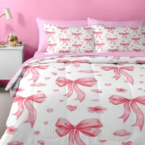 Image of Nesker Bow Comforter Set Twin Size, 5 Pieces Bed in a Bag, Pink Bow Bedding Set for Girls, Romantic Heart Comforter Set with 1 Pillowcase & 1 Sham