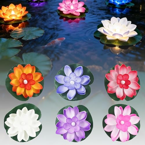 Auzlya 6 Stück Schwimmende Lotuslichter LED Schwimmende Blumen Künstliche Seerosen Seerose Lotusblüte Nachtlampe Lotusblüte Lotusblatt Teichlicht für Garten Schwimmbad Outdoor Dekoration