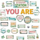 Cactus Affirmation Station Bulletin Board Set Greenery Motivational Posters for Classroom Wall Decor You Are Positive Accent Cutouts Inspirational Decoration for School Classroom Teacher Mirror Supply