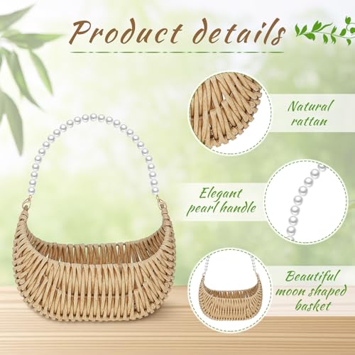 Taiyin 2 Pcs Rattan Flower Girl Basket with Pearl Handle Small Half Moon Wicker Basket for Wedding Flower Girl Picnic Garden Storage and Home Decor (Light Brown)