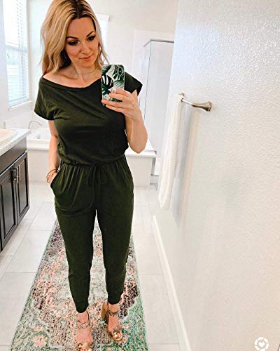 PRETTYGARDEN Women Casual Short Sleeve One Shoulder Solid Waisted Long Jumpsuit Romper, 600089 Green, Medium