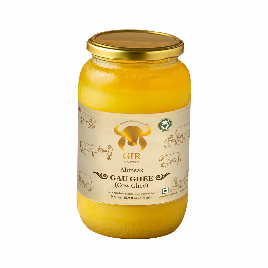 GIR GAUVEDA Grass Fed A2 Gir Cow Ghee 16.9 Oz (500 ML) | Clarified Butter | Non-GMO, Lactose-Free, Keto Friendly | Bilona Method | Ahinsak Gau Ghee