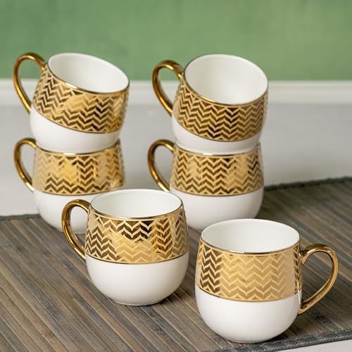 Image of Clay Craft Fine Ceramic Tea & Coffee Cups Set of 6| 200 Ml Designer Cups with Gold Handle & Elegant Pattern | Ideal for Home| Guests & Gifting