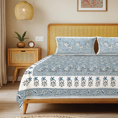 Image of Urban Space 100% Cotton Jaipuri Handblock Printed Double Size Bedsheet with 2 Pillow Covers, 200 TC Cotton Double Bedsheet (90 x 100 Inches, Rangrez Blue)
