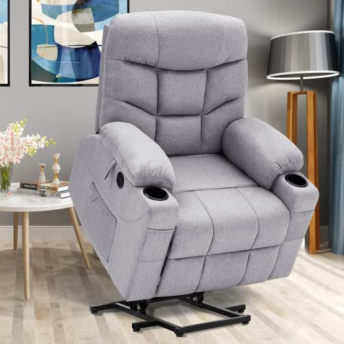 Power Lift Recliner Chair For Elderly Electric Massage Sofa With Heated Vibration,Side Pockets,Cup Holders, Usb Ports,Massage Remote Control,Fabric Home Theater Seat Living Room Reclining Bed, Gray #TOP3
