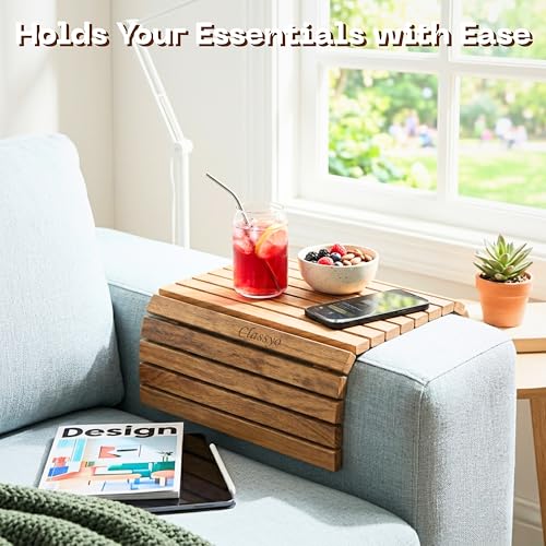 Image of Classyo Sofa Armrest Tray, Sofa Arm Tray - Dining Table Mats Flexible & Foldable - Suitable for Food, Drinks, Snacks, Cup- Acacia Wood (11 in x 17 in)