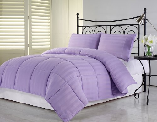 Chezmoi Collection 3-Piece Hotel Dobby Stripe Down Alternative Comforter Set, Full/Queen, Light Purple