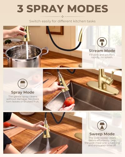 Image of WEWE Vintage Kitchen Faucet with Pull Down Sprayer, Stainless Steel 1 or 3 Hole High Arc Single Handle Antique Sink Faucet for Classic Modern Ktichen, Gold Bar & Prep Sinks
