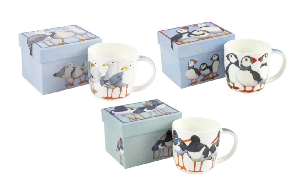 SEABIRDS Fine Bone China Coffee/Tea Boxed Mug Set: Puffins, Oystercatchers, Seagulls - Set of 3-8.5 cm / 350 ml