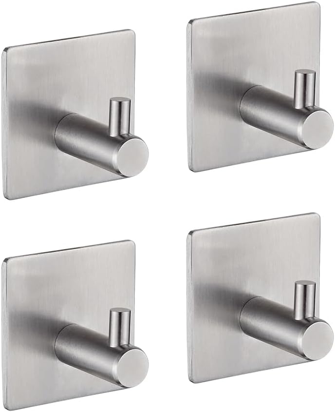 IbergrifMK34251A Self Adhesive Hooks, 4 Pack Sticky on Hooks Heavy Duty, Towel Wall Door Hooks for Bathroom or Kitchen, Silver