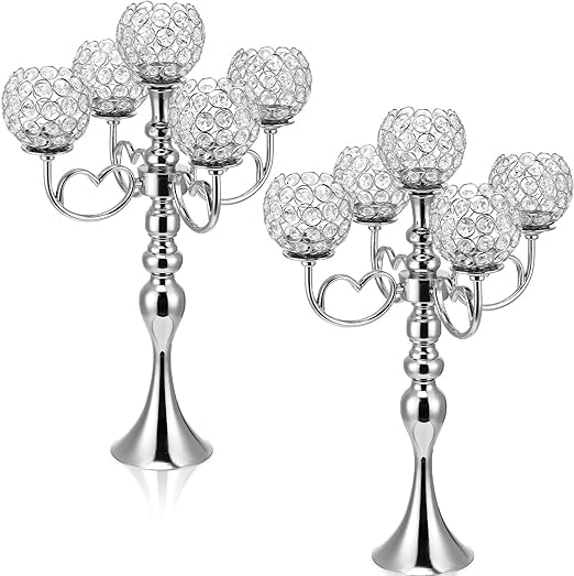 2 Pack 5 Arm Crystal Candelabra Centerpieces,21.5 Inch Tall Crystal Candle Holder Table Candelabra Stand with Crystal Candle Holder Bowl for Wedding Centerpieces Dining Coffee (Sliver)