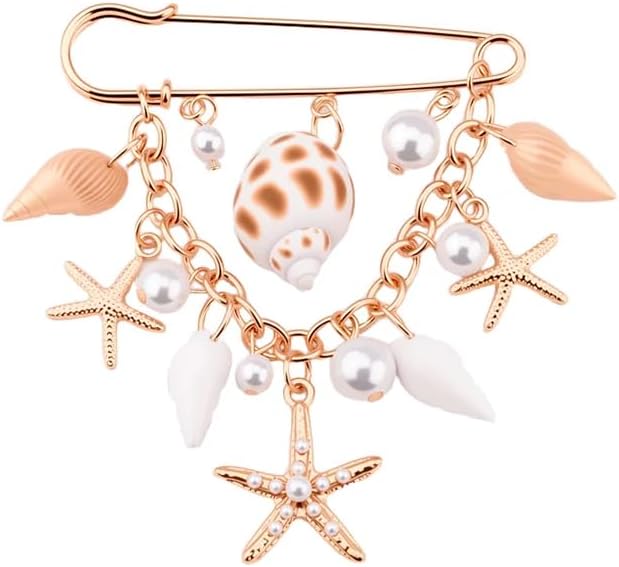 Starfish Seashell Chain Brooch with Tassel Brooch Beach Ocean Brooches Pins Pearl Charm for Dress Clothes Scarf image 2