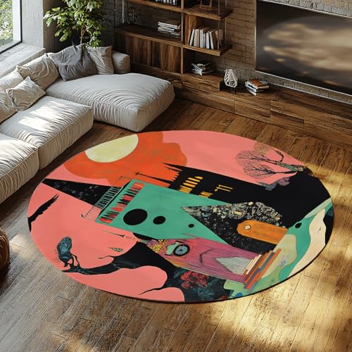 Alfombras Redondas con patrón de Castillo Verde Rosa 160cm - Alfombra Circular Suave Antideslizante Lavable para Dormitorio Sala de Estar Habitación de Invitados Decoración del hogar