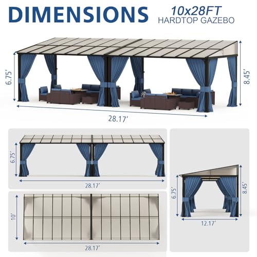 ASJMR 10x28FT Wall Mounted Gazebo Hardtop,Outdoor Wall-Mounted Patio Pergola Metal Frame Double Curtains Gazebo with Sloping Sun Panel Roof for Patio,Garden,Lawn,Pool,Backyard Deck - Image 9