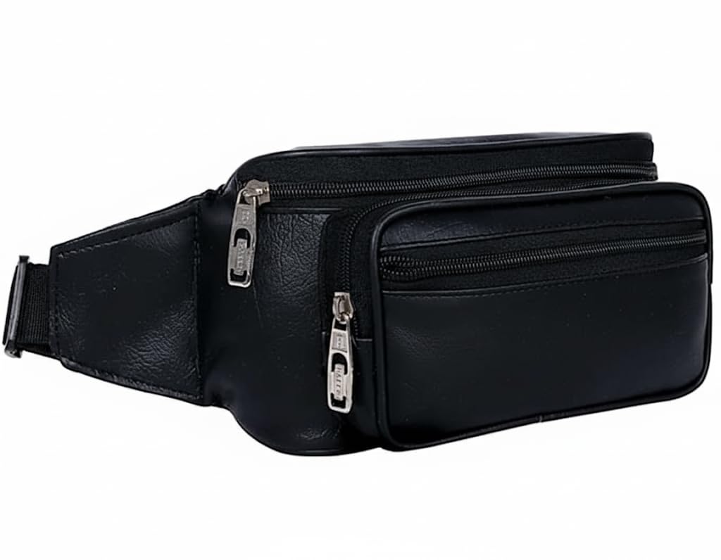 premium artificial leather fanny pack, brown, multi-compartment waist bag with adjustable strap, 5 zippered pockets (black)