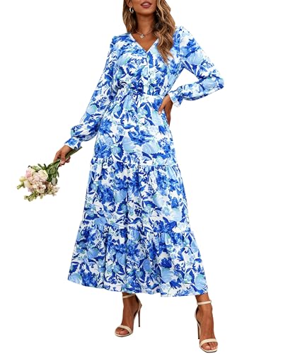 BTFBM Herbstkleider für Damen, lässig, langärmelig, V-Ausschnitt, Maxikleid, Blumenmuster, Boho, langes Kleid, Hochzeitsgästekleid, blaue blume,...