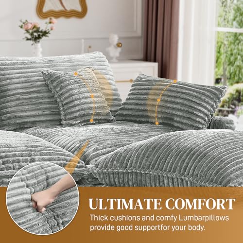 Image of 145 inch Oversized U Shaped Modular Sectional Sofa with Ottoman, Comfy Fluffy Soft Corduroy, Large Cloud Couch with USB Port, Cup Holder and Storage Central Console for Living Room, Light Grey
