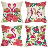 Fjfz Summer Flamingo Decorative Throw Pillow Covers 18 x 18 Set of 4, Tropical Hibiscus Flower Palm Leaves Monstera Porch Outdoor Home Decor, Hawaii Aloha Floral Pineapple Couch Cushion Case