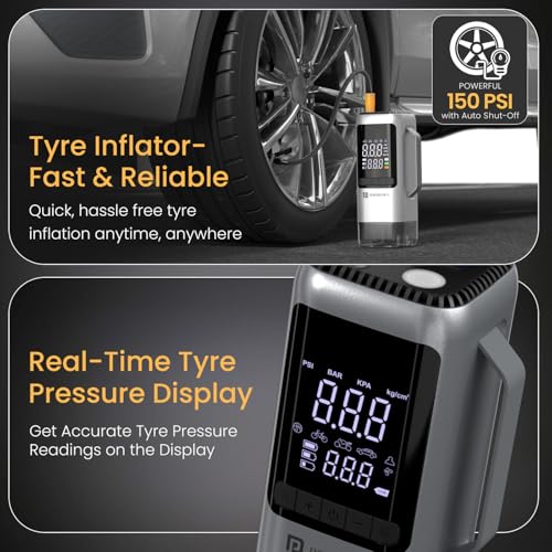 Image of Portronics Vayu Cop 6-in-1 Rechargeable BLDC Car Emergency Kit with 12V Jump Starter, Tyre Inflator, 5000Pa Vacuum Cleaner, 10,000 RPM Air Blower, LED Flashlight, 5W Power Bank, 4X 2000mAh Batteries