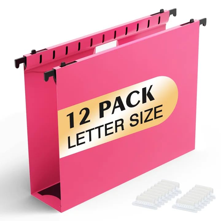 Shutex Extra Capacity Plastic Hanging File Folders,12 Pack Reinforced Hang Folders,Heavy Duty 2 Inch Expansion,Plastic Filing Cabinet Folders,Letter Size,Designed for Bulk Files, Medical Charts,Pink