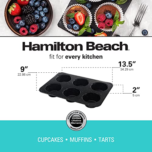 Hamilton Beach Carbon Steel Muffin Pan 6 Jumbo Cup | Non-Stick Coating, Perfect For Making Muffins Or Cupcake Pan | Excellent Heat Conduction, Easy To Clean And Dishwasher Safe | 13.5X9Inch, Black #TOP5
