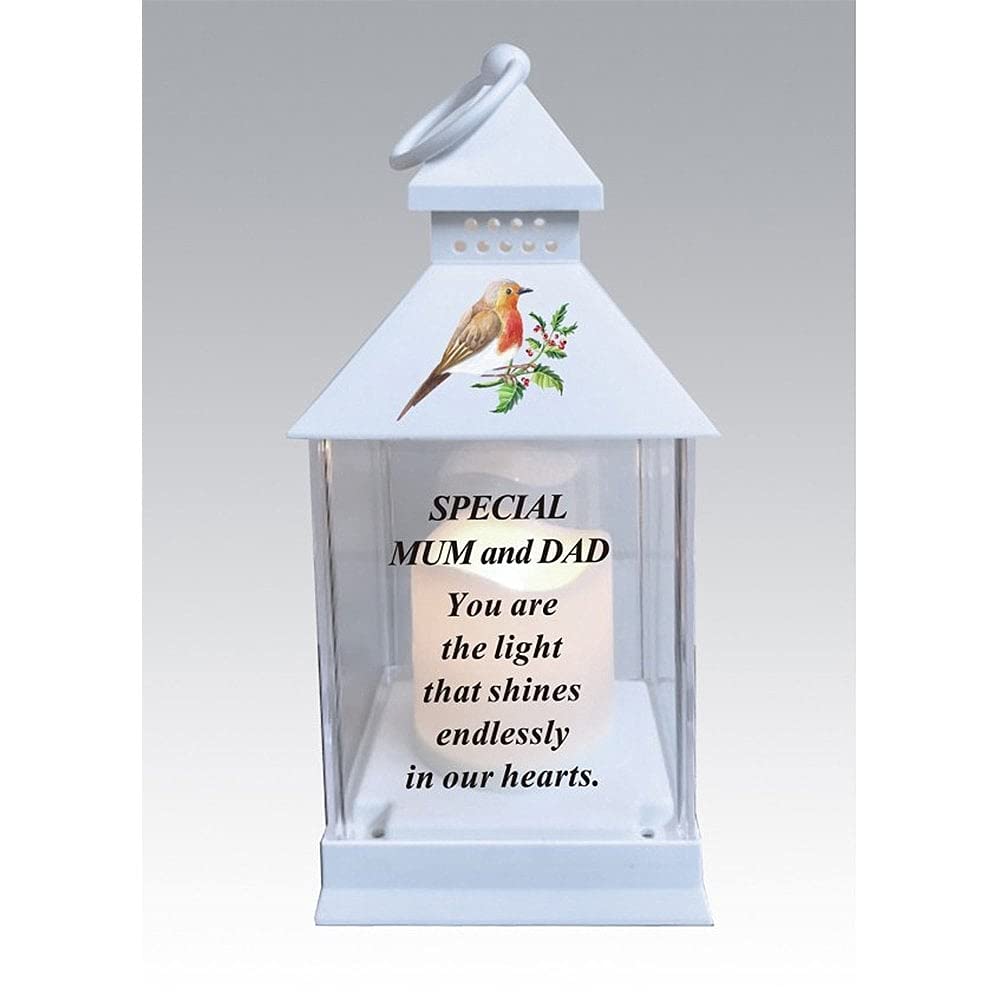 Mum & Dad Memorial Light Up Christmas Lantern - Robin Holly Floral Candle Graveside Memory Remembrance