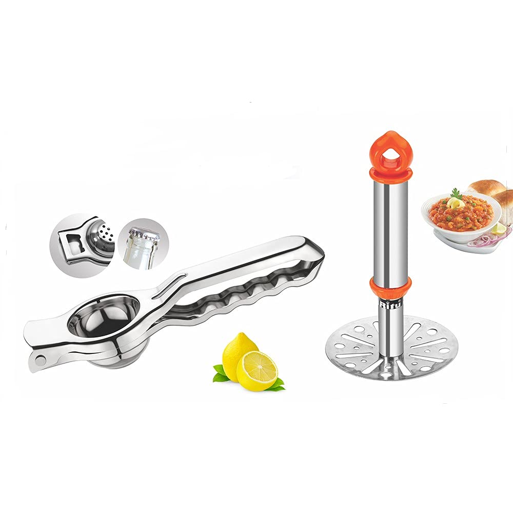 Ritu Stainless Steel Lemon Squeezer with Bottle Opener and Potato Masher Pav Bhaji Masher Combo for Kitchen Tools
