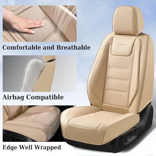 Image of Coverado Car Seat Covers, Front Covers for Cars, Car Seat Cover Front Seats, Car Seat Protector Waterproof, Leather Car Seat Cushion, Universal Interior Covers Seat Protectors for Most Cars Beige
