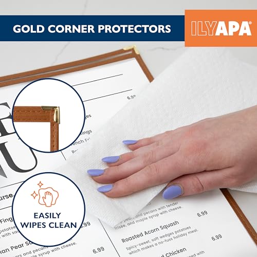Image of Ilyapa Clear Menu Covers, 8.5x11 Inch - 30 Pack, Saddle Brown Faux Leather | 2-View Single Page Design, Durable PVC Plastic Sheet Protector, For Restaurant Menu Display, Double-Stitched Edges