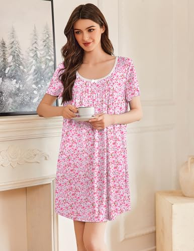 Image of Ekouaer Nightgowns for Women Pleated Sleep Shirts Short Sleeve Night Shirts Lace Trim Night Gown Ladies Sleep Dress