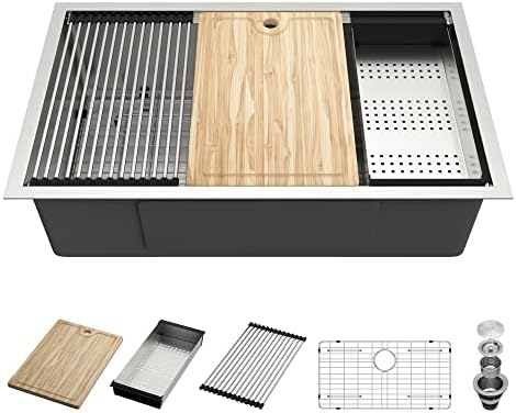 30 Undermount Kitchen Sink Workstation - Yurshen 30"x19" Under mount Stainless Steel Kitchen Sink Basin 18 Gauge Single Bowl with built-in Ledge Wood Cutting Board