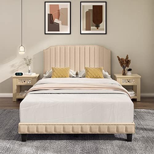 Giantex Twin Upholstered Bed Frame, Linen Platform Bed w