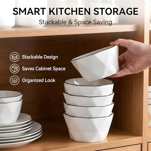 Image of Modern Geometric White Ceramic Bowls, Food Grade Porcelain with Minimalist Black Rim, Lead & Cadmium Free, Chip-Resistant Snack & Cereal Bowls (Set of 2)