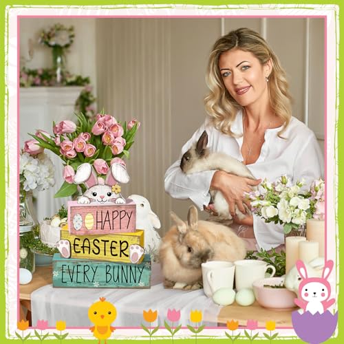 4-Pcs-Easter-Table-Decorations-Bunny-Tiered-Tray-Decor-Wooden-Bunny-Block-Signs-Gifts-Happy-Easter-Centerpiece-for-Tables-Wood-Rabbit-Tabletop-Signs-for-Kitchen-Home-Shelf-Office-Decor 4 Pcs Easter Table Decorations Bunny Tiered Tray Decor Wooden Bunny Block Signs Gifts Happy Easter Centerpiece for Tables Wood Rabbit Tabletop Signs for Kitchen Home Shelf Office Decor