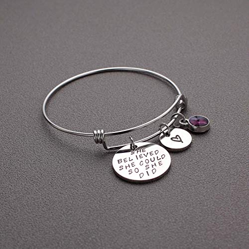 Image of LIUANAN Stainless Steel Inspirational Encouragement Bracelet She Believed She Could So She Did Expandable Bangle Birthstone Charm Cuff Bracelet