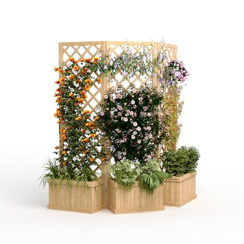GarveeLife Cedar Privacy Screen with Planter Box - 3-Panel Freestanding Garden Fence, 62 in x10 in...
