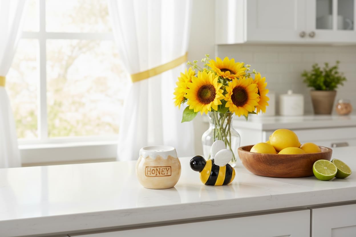 Honey Bee with Honey Pot Salt and Pepper Shaker Set, Ceramic, Yellow and Black, Spring and Summer Kitchen and Dining Decor, 2.5" x 5.75" x 4.5", Gift Box Included