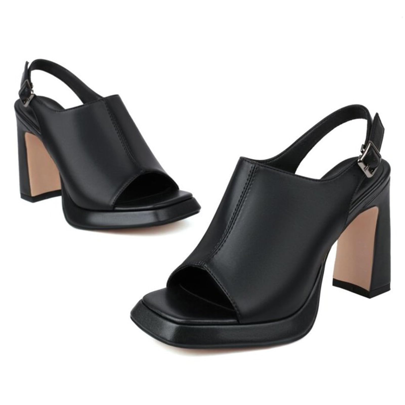 Alyaafifa Chunky High Heel Platform Sandals for Women Ankle Strap Slingback Square Open Toe Matte Leather Dress Pumps Shoes 4 Inch Formal Sexy Party