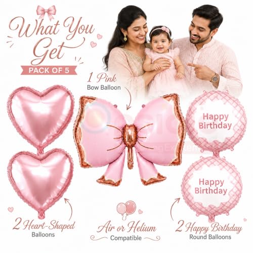 Image of Propsicle Bow Foil Balloons for Birthday Decoration Pink Girls